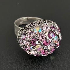 Vintage Silver Tone Pink Purple Rhinestone Dome Cocktail Ring Adjustable