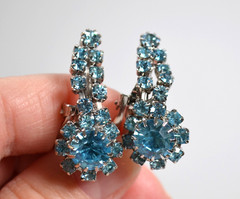 Vintage Clip-on Earrings Blue Rhinestone Silver Tone Glamorous Party