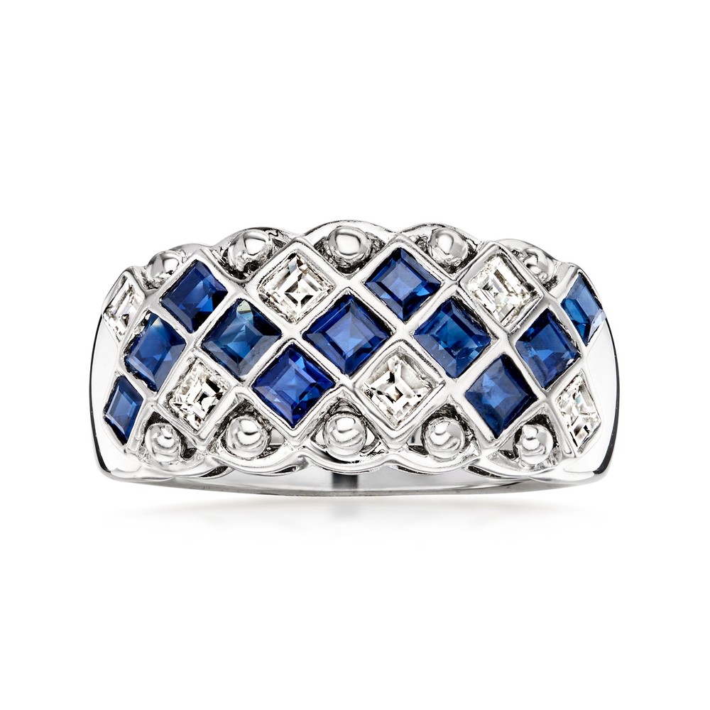 Vint Sapphire & Diamond Zigzag Rng in 18k White Gold Size 6.25