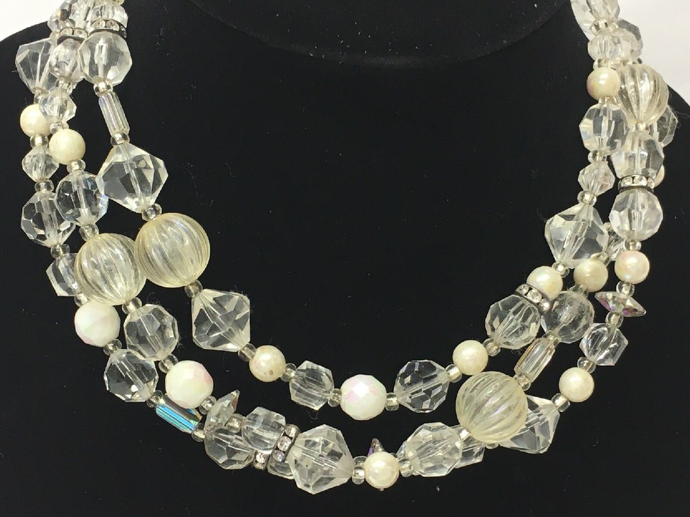 Vintage Roxsann chunky white clear beaded multi strand necklace jewelry