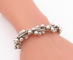 925 Sterling Silver Vintage Bracelet Modernist Twisted Bar & Ball Chain BT11958