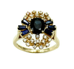 Vintage 14K Gold Sapphire & Diamond Cluster Ring – Oval & Baguette Sapphires