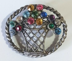 Antique Silver-tone Oval Flower Basket Brooch w/ Multicolor Gemstones, C-clasp