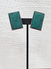 Vintage Fluted Faux Turquoise Cabochon Silver Tone Rectangular Clip On Earrings