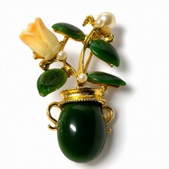 Jade Coral Pearl Brooch Pin Vintage Gemstone Jewelry