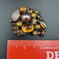Vintage KRAMER Orange Yellow Brown Rhinestone Stone Brooch Large Navette