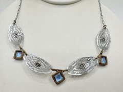 Victorian Art Deco White Metal Blue Glass Filigree Link Necklace Delicate Read