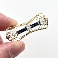 Antique 12k Yellow Gold Art Deco Old European Diamond Sapphire Pearl Pin Brooch