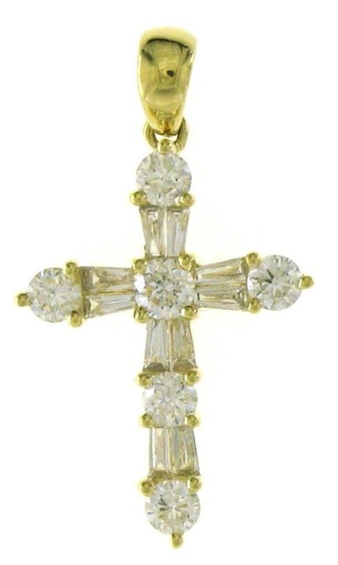 .59CT DIAMOND 14K YELLOW GOLD 3D ROUND & TAPERED BAGUETTE CROSS FLOATING PENDANT