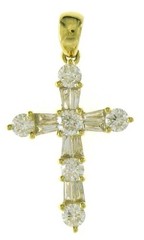 .59CT DIAMOND 14K YELLOW GOLD 3D ROUND & TAPERED BAGUETTE CROSS FLOATING PENDANT