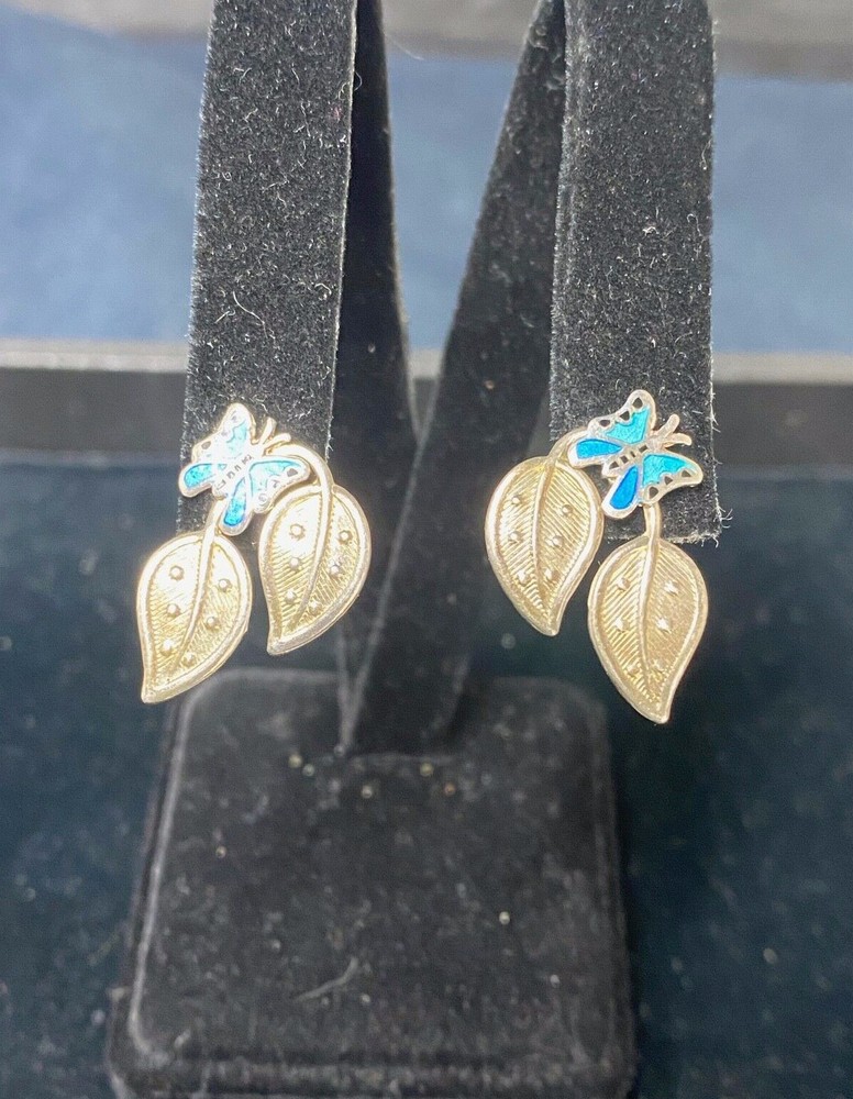 Vintage Sterling Silver Butterfly Leaf Turquoise Stud Earrings