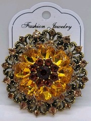 Vintage Style Filigree Amber & Brown Crystal Flower Brooch Gold Tone Rhinestone