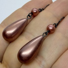 Vtg Brown Glass Pearl Teardrop Dangle Earrings Hook