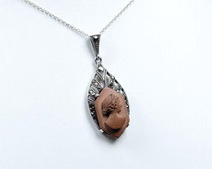 835 Silver – Antique Art Deco Pendant – Lava Stone Cameo – Marcasite