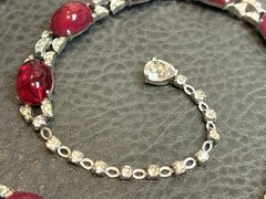 RARE ART DECO JOMAZ Or MAZER Faux Ruby Cabochon Rhinestone SILVER TONE Necklace