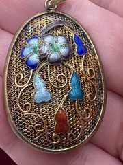 Chinese Export Vintage Silver Multi Color Enamel Flower Pendant Large Sterling