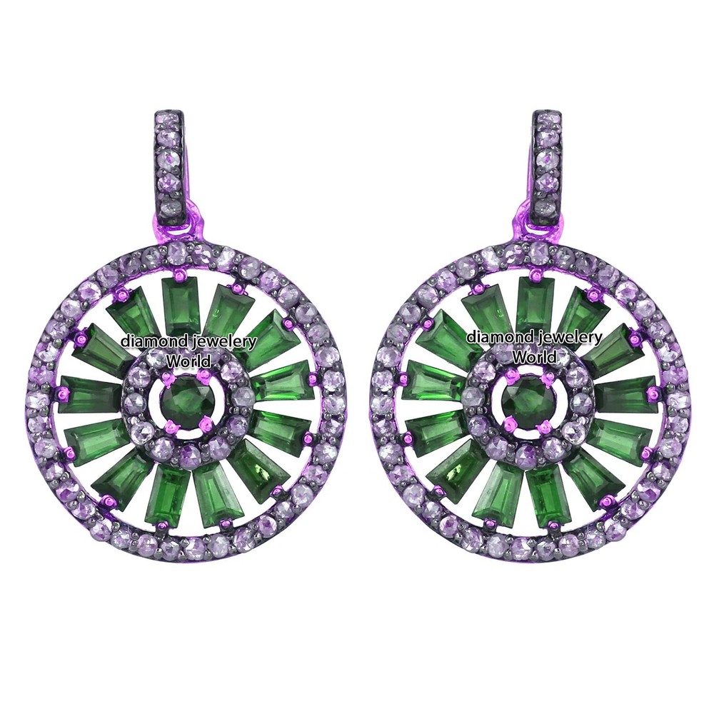 Gorgeous 1.46ct Rose Cut Diamond Emerald Studded Silver Vintage Earring Jewelry