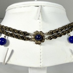 VTG Multi-Strand Bronze Toned Cobalt Blue Beaded Necklace Dangle Boho Chic 16″
