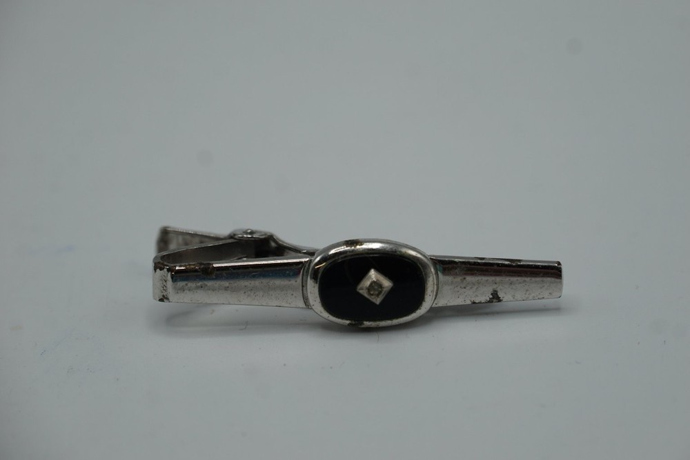 Vintage Silver Tone Tie Clip with Black Onyx and Diamond Accent 2.25in