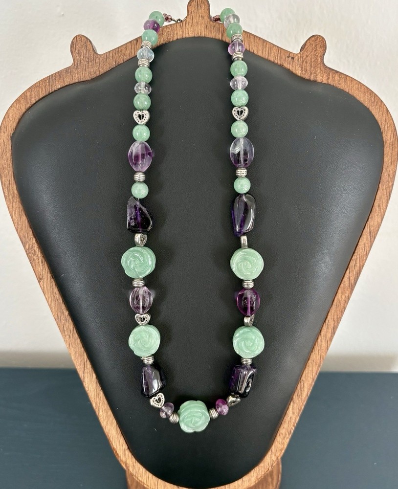 Vintage Carved Jade Rose And Amethyst Quartz Necklace Balance Wellness Luck