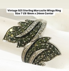 Vintage 925 Sterling Marcasite Wings Ring Size 7 1/8 18mm X 24mm Center