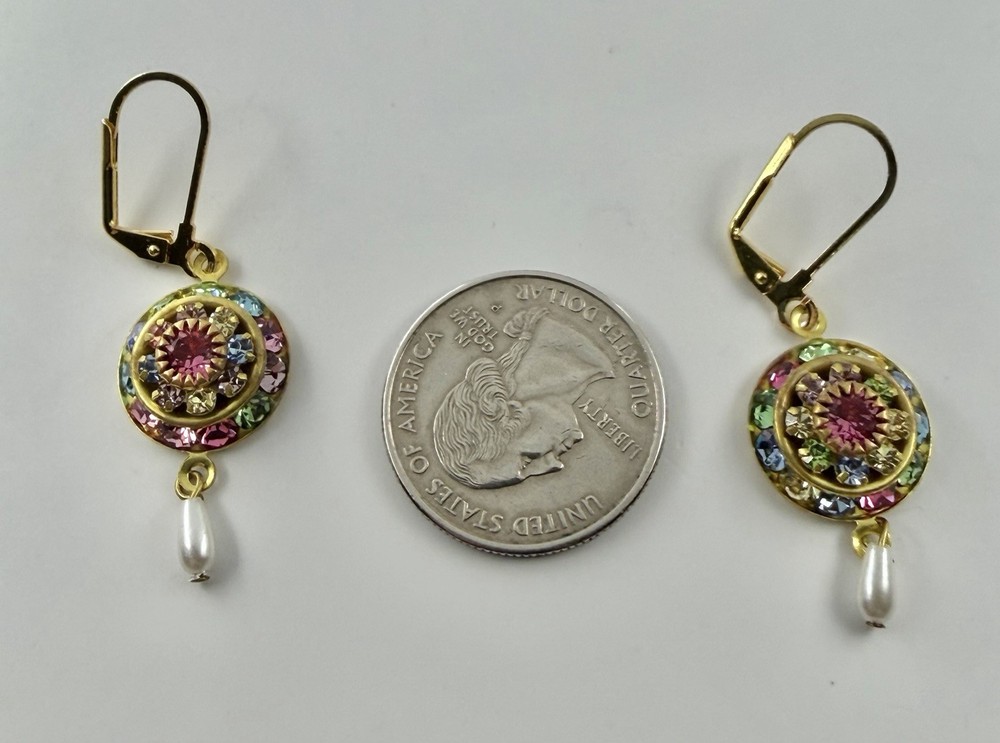 Vintage Upcycled Made with Pastel Swarovski Crystals Goldtone Leverback Earrings