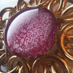 Large Vintage Brooch: Mottled Red-Purple Glass Stone in Interlocked Brass Rings