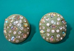 Vintage Weiss Aurora Borealis Earrings GREEN Bakelite Clip-on Tested Signed