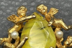 Vintage Jeanne Brooch Cherub Angel Marbled Swirl Yellow Rhinestone Nouveau Style