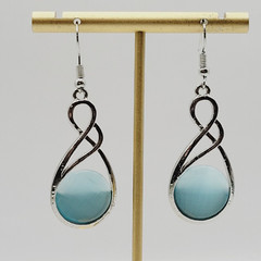 Sky Blue Round Glass Silver Tone Open Metal Drop Dangle Pierced Hook Earrings