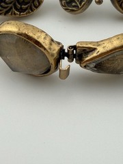 Vintage Brass Statement Bracelet Rutilated Quartz Mixed Stone Peacock Engraving