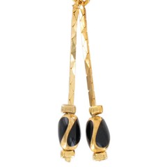 Gold Tone Chain Double Dangle Black Bead Pierced Earrings 1 1/2″