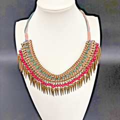 Vtg Egyptian-style Spiked BIB necklace W/ Copper Tone Spikes Pink & Green Beads