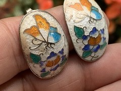 Vintage Cloisonne Enamel Butterfly Clip Earrings Oval Silver Tone Repaired
