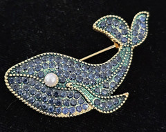 Lot of 3 Black Enamel Blue Rhinestone Fish Whale Brooch Nautical Sea Life Beach