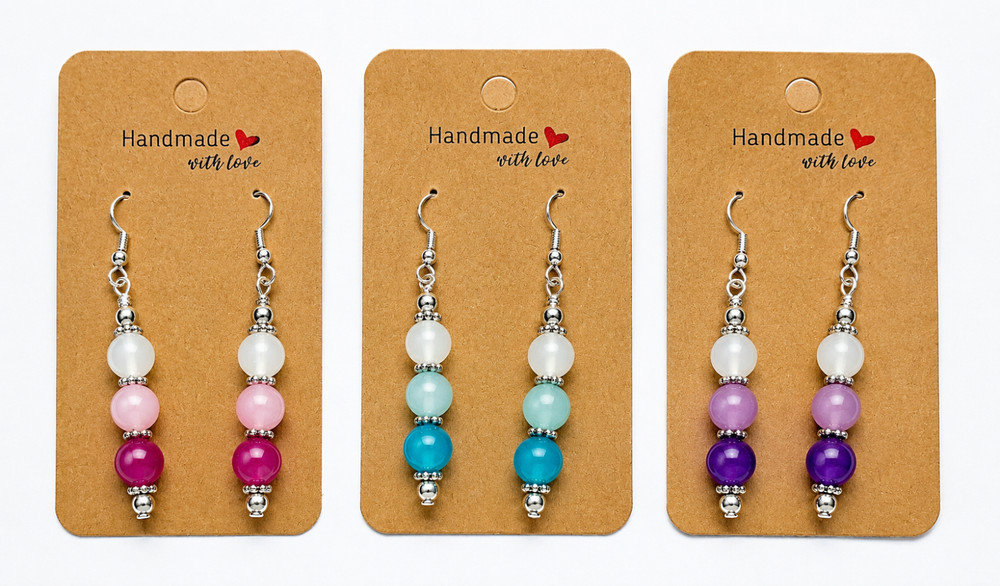 Handmade Glass Bead Drop Earrings Set of 3 Pink Blue Purple Hypoallergenic NEW