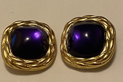 Vintage TriffariGold Tone Clip Earrings Signed Faux Amethyst Cabochon 1 1/4