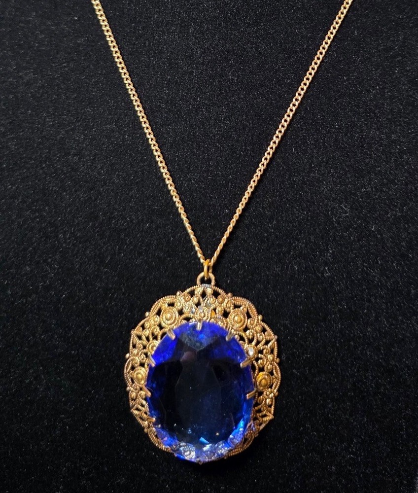 Vintage Signed West Germany Blue Glass Rhinestone Filigree Necklace Gold Tone