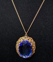 Vintage Signed West Germany Blue Glass Rhinestone Filigree Necklace Gold Tone