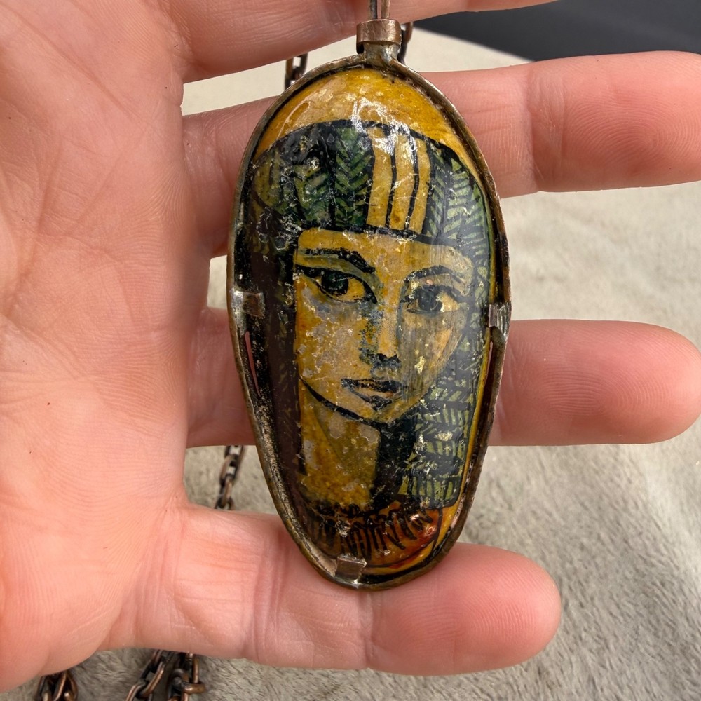 Vintage Necklace Hand Painted Portrait Double Sided Egyptian Revival Copper 28”
