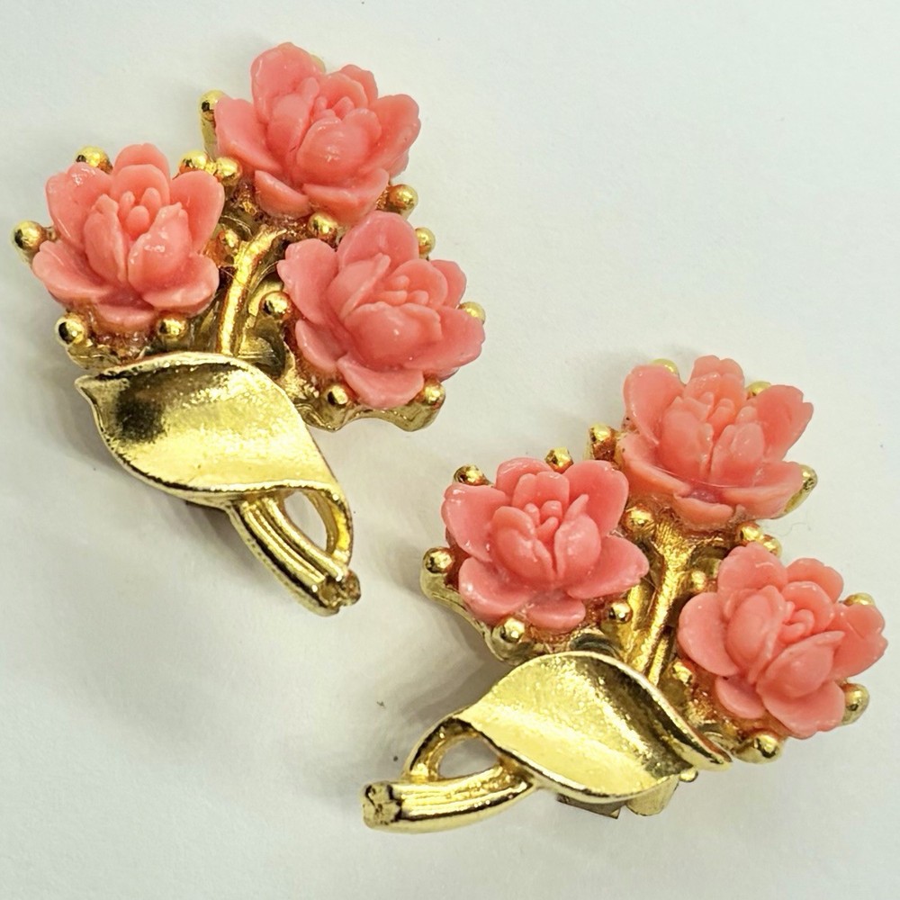 Vtg Victorian Revival Coral Lucite Rose Gold Plated Statement Earrings Clip-on
