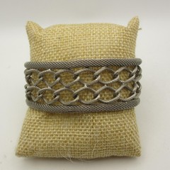 Vintage Mesh Bracelet Twisted Links Blue Bead Accents Safety Chain Silver Tone
