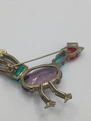 1940s Pot Metal Bird Brooch Rhinestone Figural fruit salad purple glass Vintage