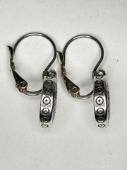 Vintage Silver Tone Leverback Earrings Round Disc Geometric Dot Etched Dangle