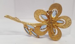 Vintage Blue Glass Rhinestone Enamel Flower Brooch Marquise Round Gold Tone Pin