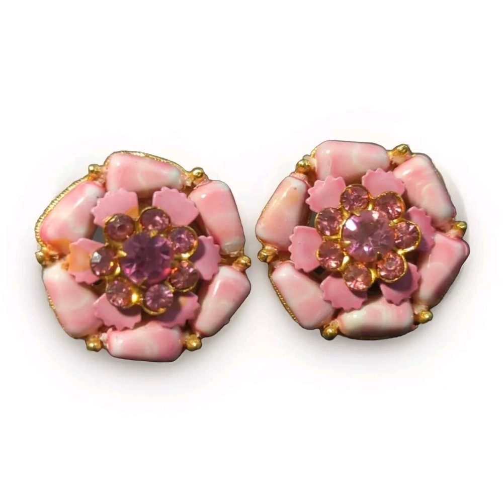 Vintage Selro Selini Pink Clip On Earrings Rhinestone Flowers Designer Summer