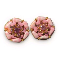 Vintage Selro Selini Pink Clip On Earrings Rhinestone Flowers Designer Summer