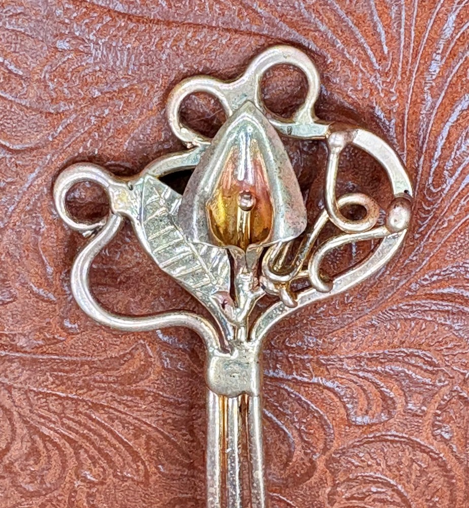 Vintage Solid Brass Hair Comb/Pins~Calla Lily Flower w Vines & Leaf ~Art Nouveau