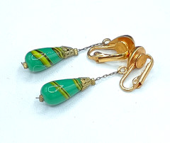Vintage Venetian Glass Clip Earrings Dangle Hook Green Yellow Striped Cone 1.75″