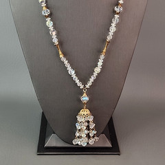 Vintage AB Glass Beaded Tassel Necklace Earrings Set Gold Tone Bar Links 26″